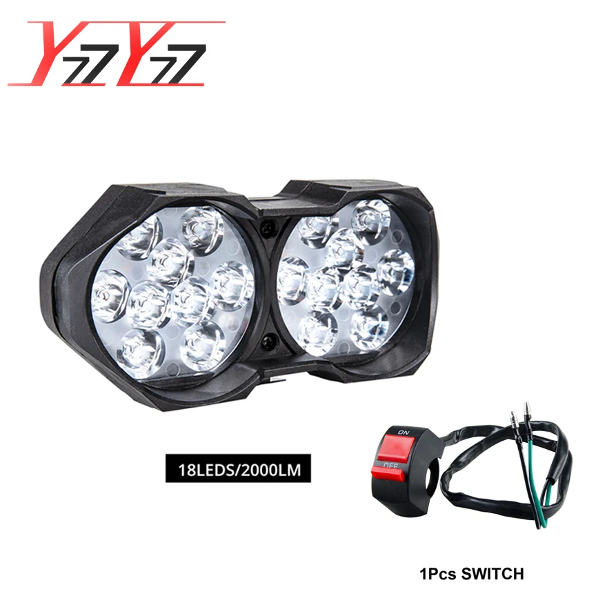 

YzzYzz Motorcycle Headlight 18LED Super bright 12V Spotlight 1000LM/2000LM Assembly+Switch Moto for Mopeds Scooter Headlamp