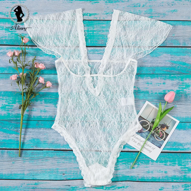 ALINRY sexy lace bodysuit women transparent short sleeve deep v elegant