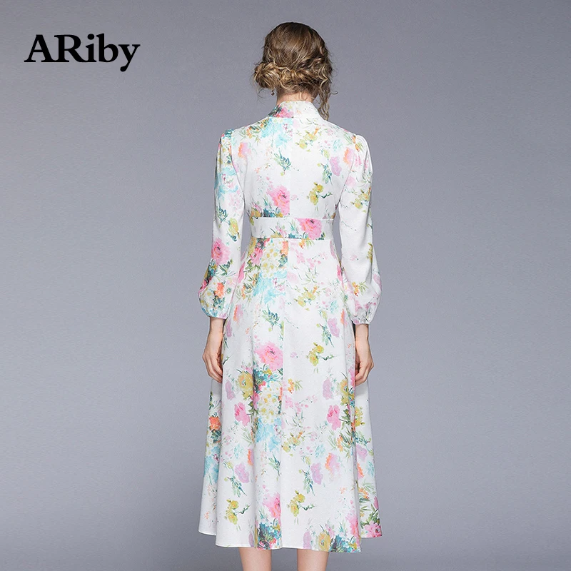 Dress Women Maxi Long White Dress 2019 Spring Summer New Lady Beach Style V Collar Empire A-Line Printed Thin Bow Mid-Calf Dress