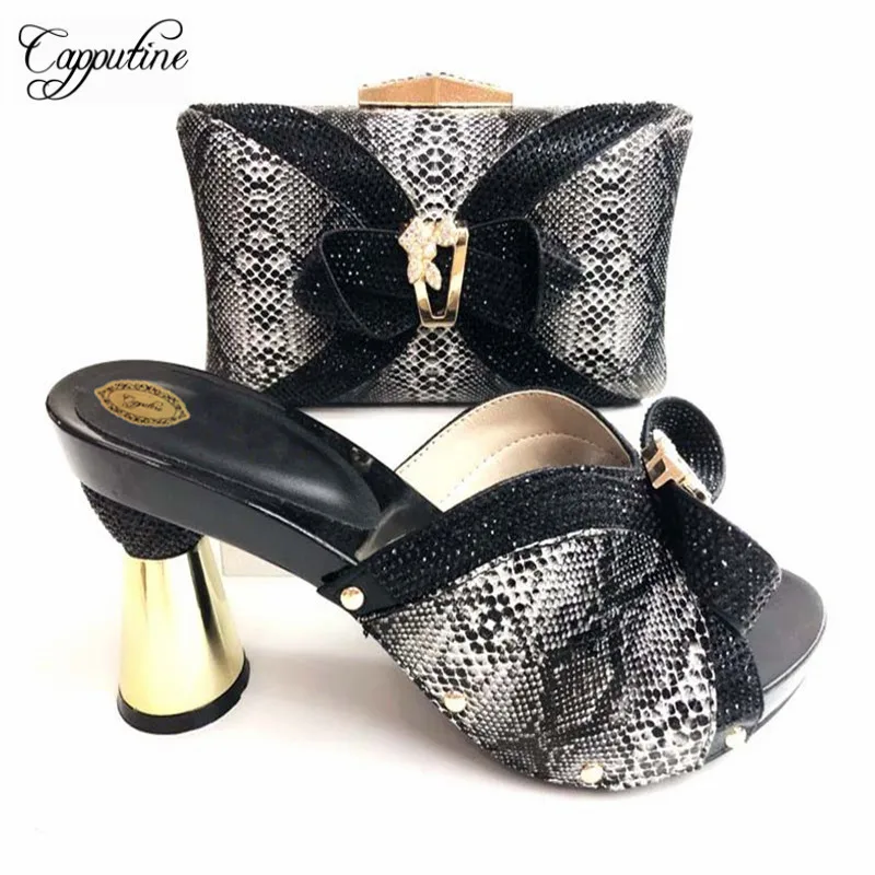 

Capputine New 2018 Nigerian Party Shoes And Bag For Wedding Italian Rhinestone Women Strange Heels Shoes And Bag Set TX-089