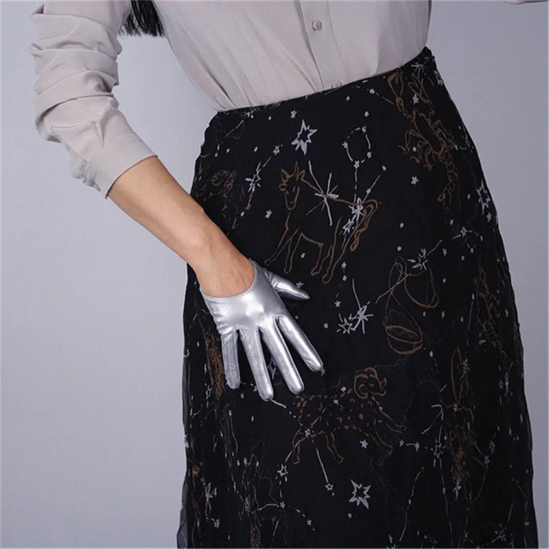 Женские модные элегантные ультракороткие перчатки из лакированной кожи 13 см, имитация кожи, яркий черный прецизионный TB08-3 без подкладки - Цвет: Patent leather Silve