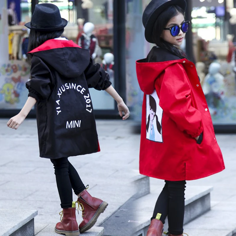 Пальто для больших девочек красная верхняя одежда детская одежда пальто для девочек Подростковая куртка с капюшоном Длинная ветровка для девочек детская одежда