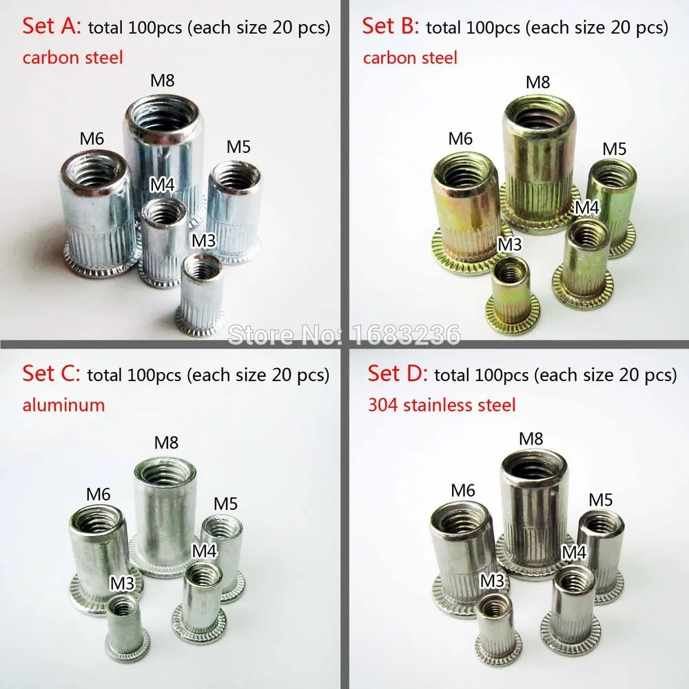 

100X Flat Head Metric Blind Rivet Nut Insert Rivnut Nutsert Assortment Kit Screw