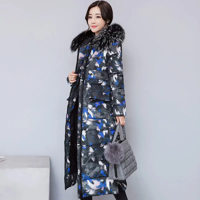 Winter Jacket Women Camouflage Maxi Coats Hooded Over Knee Long Jacket