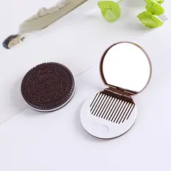 1 шт. милая, стильная Cocca Cookie Форма небольшой карман зеркало для макияжа с расческой складной Портативный шоколадное печенье компактное