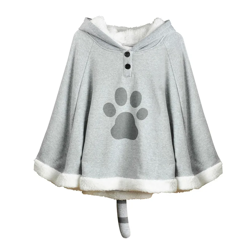 Cute Cat Cloak Hoodies Women Cartoon Warm Pullover With Tail Sweatshirts For Kawaii Girls Autumn