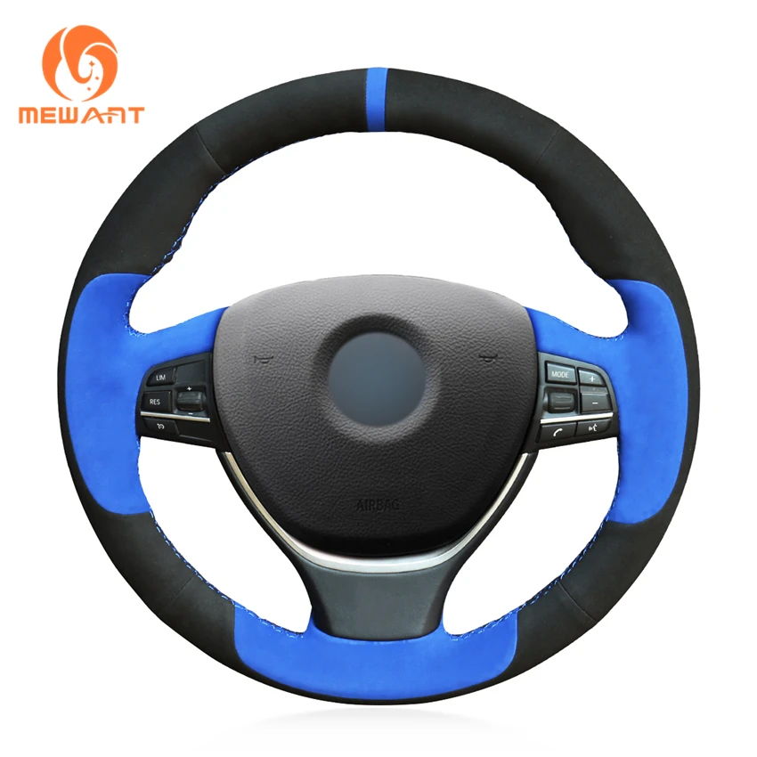 cheap MEWANT Hand stitched Blue Black Suede Car Steering Wheel Cover for BMW F10 F11 (Touring) F07 (GT) F12 F13 F06 F01 F02