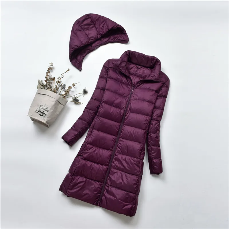 Sanishroly, Женская Длинная Верхняя одежда средней длины, белая куртка-пуховик на утином пуху, женский пуховик с капюшоном, ультра-светильник, парка размера плюс 4XL, SE309 - Цвет: Фиолетовый