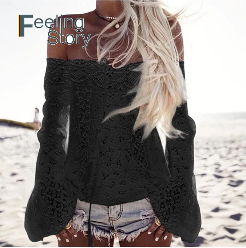 Boho Белый Кружевной топ Для женщин блузка 2019 Slash Neck Bell Sleeve шнуровке Топы пикантные