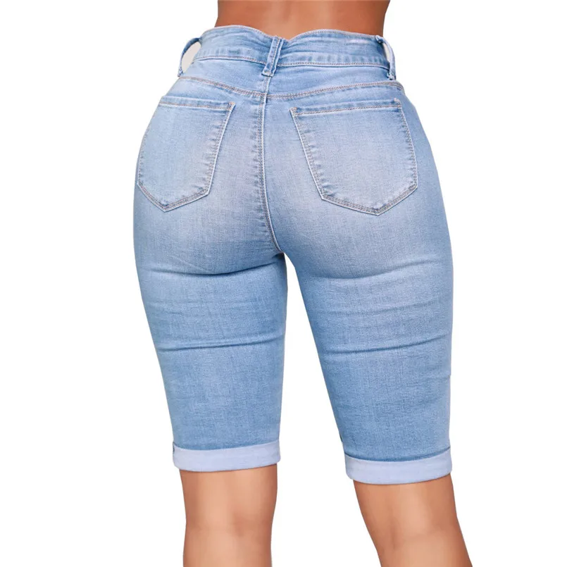 New Women Summer Mid Rise Elastic Zip Skinny Denim Knee Length Curvy Stretch Solid Jeans Fashion Vintage Shorts Jeans #4R09 (6)