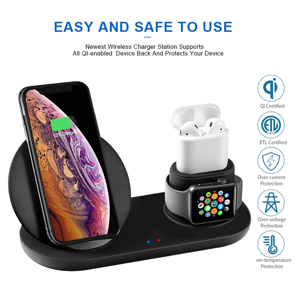 Wireless Charger Fast Charging for iPhone 8 X XS Max XR Apple Watch 4 3 2 Airpods 3 IN 1 Quick Char