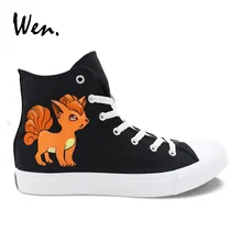 Вэнь черный высокие кроссовки дизайн Pokemon Go Vulpix лиса ручная роспись парусиновая обувь подростков цветной Рисунок Аниме плимсоллы