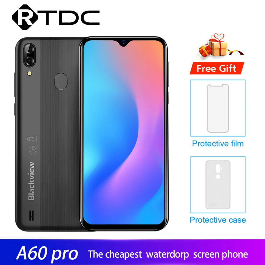 

Blackview A60 Pro Smartphone Quad Core Android 9.0 Pie 4080mAh Cellphone 3GB+16GB Waterdrop Screen Face ID 4G Mobile Phone