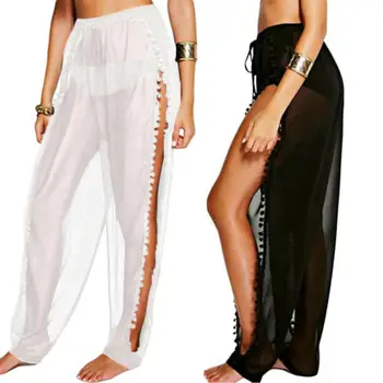 

2019 Women See-through Solid Color Long Pants Cover Up Beach Style Transparent Split Pants Trousers Female Summer Suit