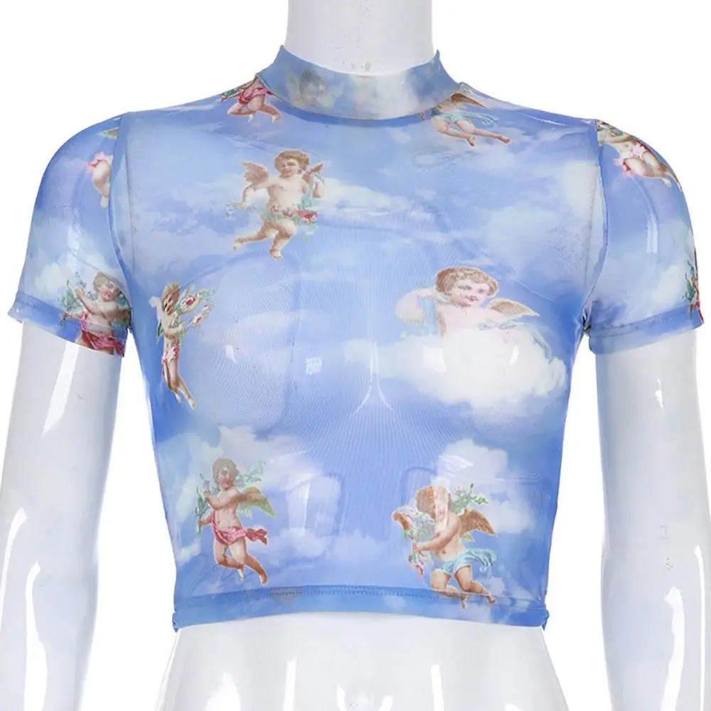 Укороченная Сексуальная футболка, майка, нижнее белье, Женский Топ с коротким рукавом, с принтом, чистая сетка, уличная одежда, футболки, тонкие, прозрачные, 2 - Цвет: Blue