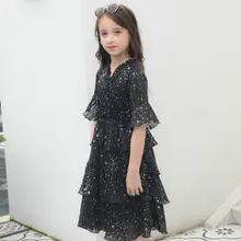 Платья для подростков одежда для девочек Элегантное Черное шифоновое длинное платье нарядное платье с принтом со звездой вечерние платья для торжественных случаев 8, 10, 12, 13, 14, 15 лет