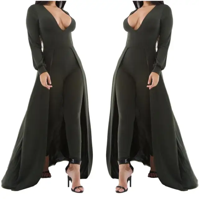 2017 Hot Sexy Olive Green White Women Jumpsuit Sexy Long Sleeve Deep V Bodysuit Women One Piece
