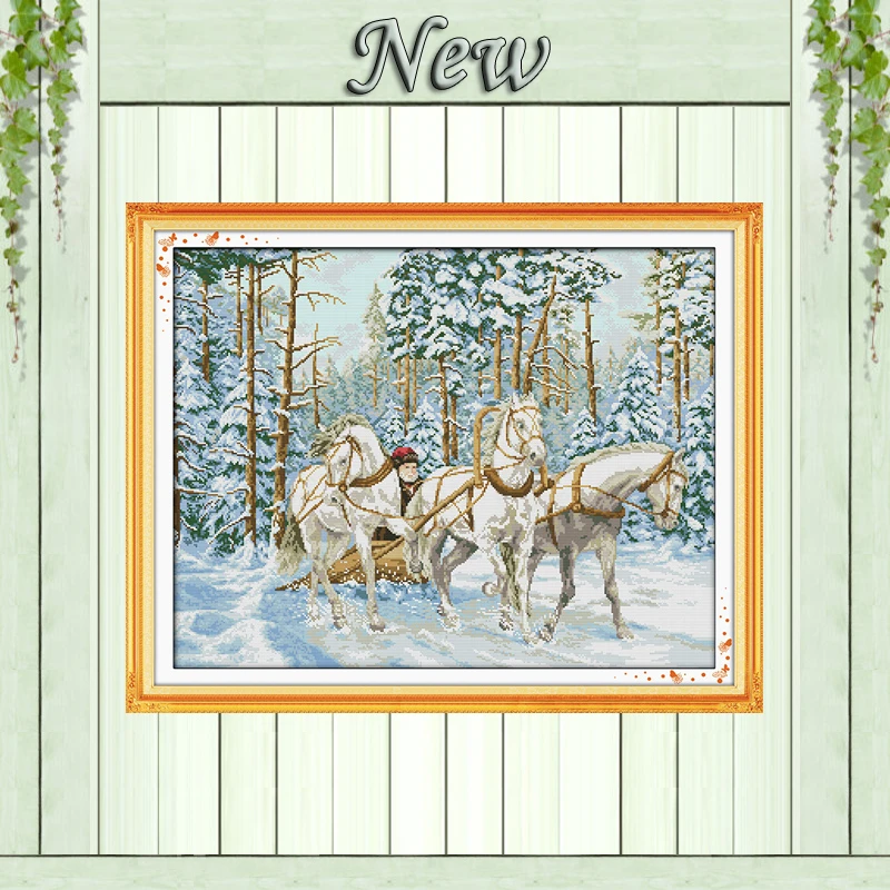 

The cart go through the snow,11CT printed on canvas DMC 14CT Cross-Stitch kits,DIY needlework embroidery Sets,Scenic Home Decor