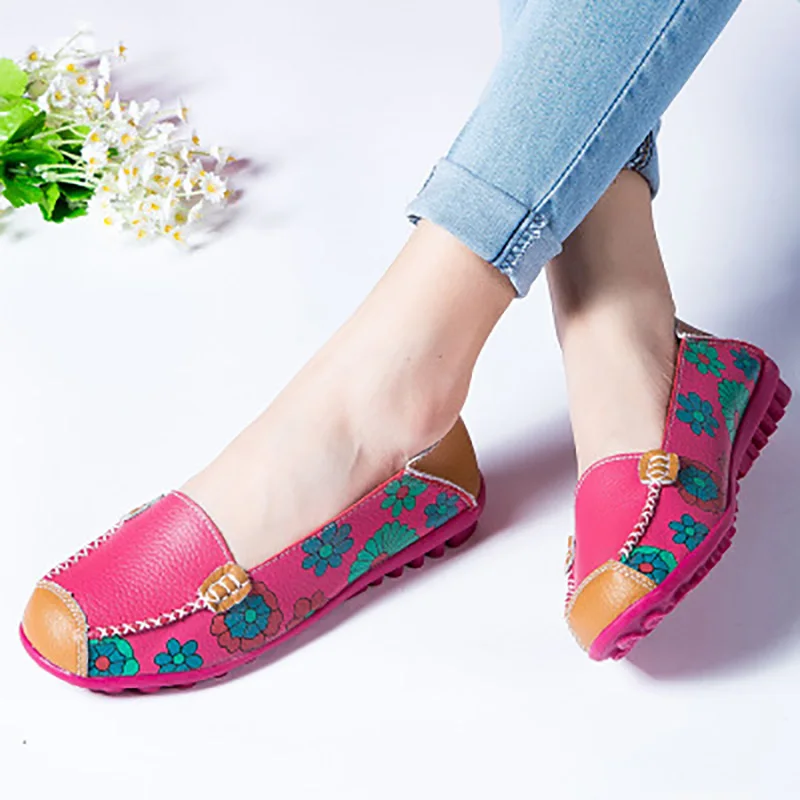 

Ballet Flats Women Shoes Flower Print Genuine Leather Shoes Woman Loafers Shoes Ladies Footwear Women Flats Moccasins Boat Shoes
