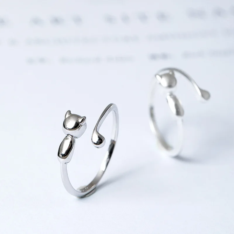 cute cat open ring 100% 925 Sterling silver Jewelry Genuine Vintage Adjustable rings for women gift free size