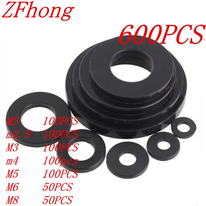 

500PCS M2 M2.5 M3 M4 M5 M6 M8 Black flat nylon Washer Assortment/Kit/Set