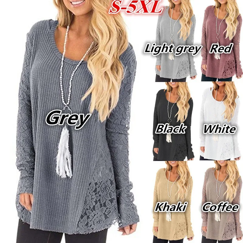 

ZOGAA Women Plus Size Sweater Lace Panel Cutout Tee Full Sleeve Round Neck Patchwork Pullovers Casual 2019 Autumn Spring Tops
