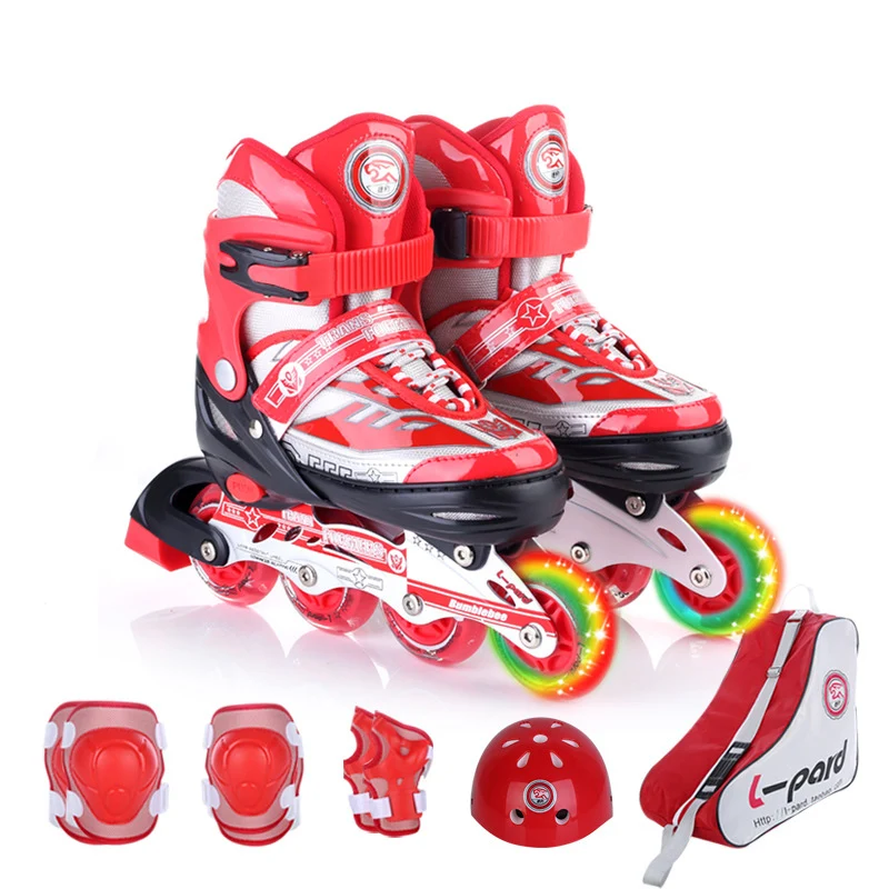 جميل مجموعة واحدة الأطفال مضمنة تزلج الأسطوانة أحذية التزلج خوذة الركبة حامي والعتاد قابل للتعديل قابل للغسل وامض عجلات Patines