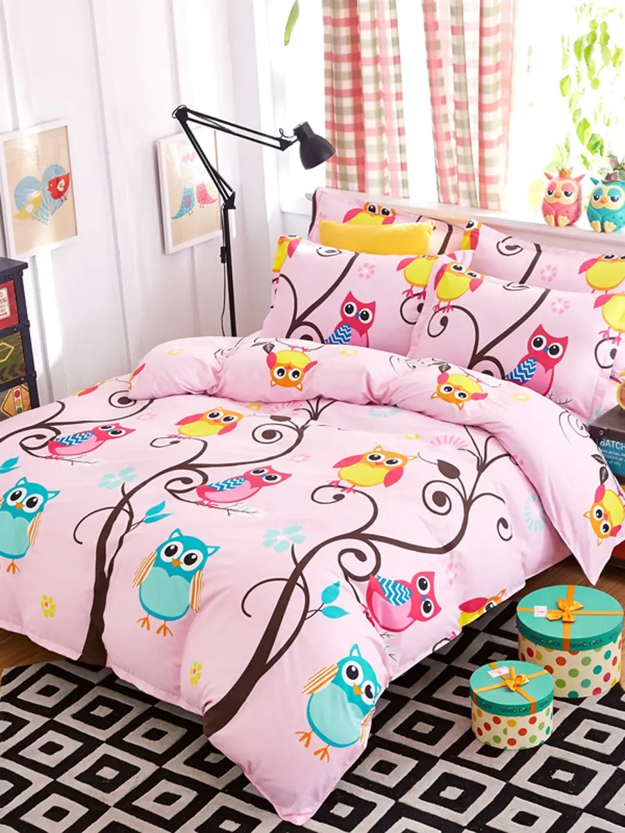 

3/4Pcs Bedding Set Adorable Cartoon Owl Pattern Soft Duvet Cover Set