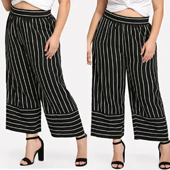 

Plus Size Women High Waisted Palazzo Stripes Pants Wide Leg Loose Chiffon 3/4 Trousers Casual Summer Pants