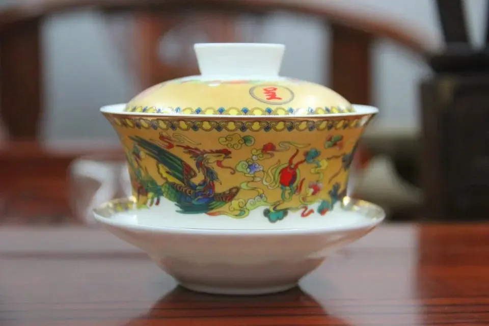 Уникальный китайский чай кунг-фу чай Gaiwan для Молочный Улун костяного фарфора крышка чаши Дракон и Феникс Благоприятный