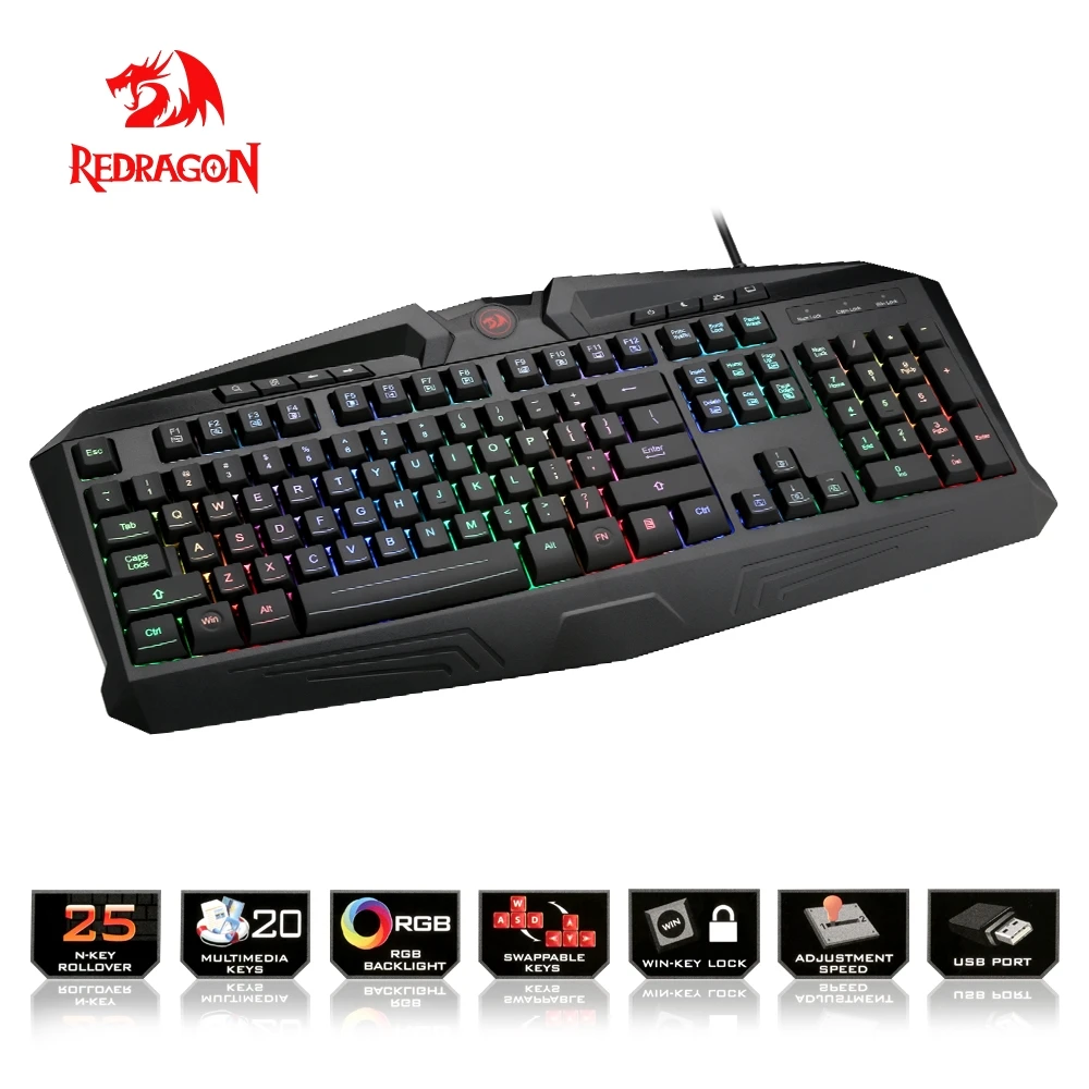 

Redragon USB gaming Membrane keyboard ergonomic RGB color LED backlit keys Full key anti-ghosting 104 wired PC Computer gamer