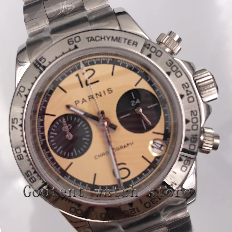 

39mm PARNIS Beige dial sapphire glass date full Chronograph quartz mens watch