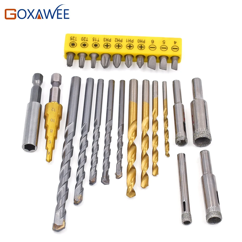 

GOXAWEE 25pcs HSS Drill Bits Step Drill Screwdriver Bits Set Screw Extractor Tungsten Carbide Drill for Masonry Drilling