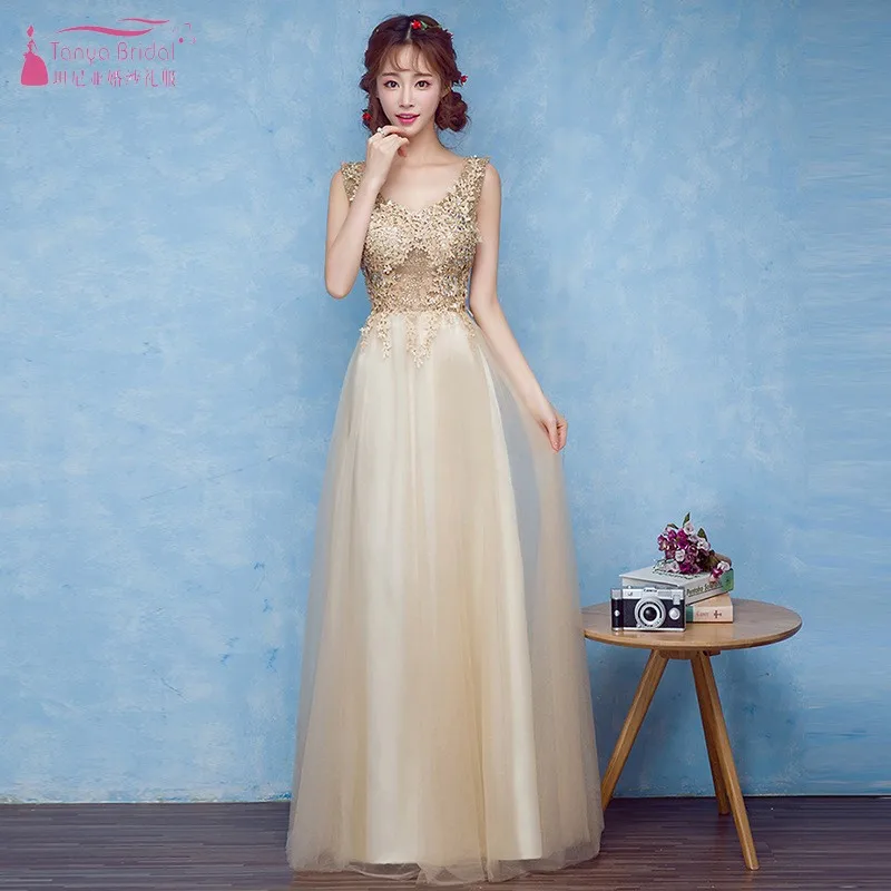 

Gold Lace Applique Champagne Bridesmaid Dresses Long Formal Dress Women vestido de festa longo dress for wedding Party JQ47
