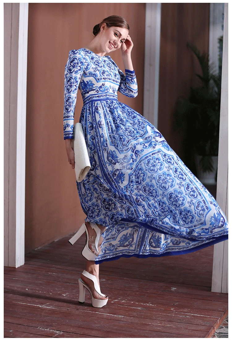 Модное женское платье с длинными рукавами в винтажном стиле с принтом Porcelian Majolica