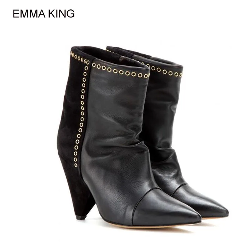 

EMMA KING Women Spike Heels Pointed Toe Ankle Boots Zepatos De Mujer Metal Eyelet Decoration Pleated Ladies Winter Warm Shoes