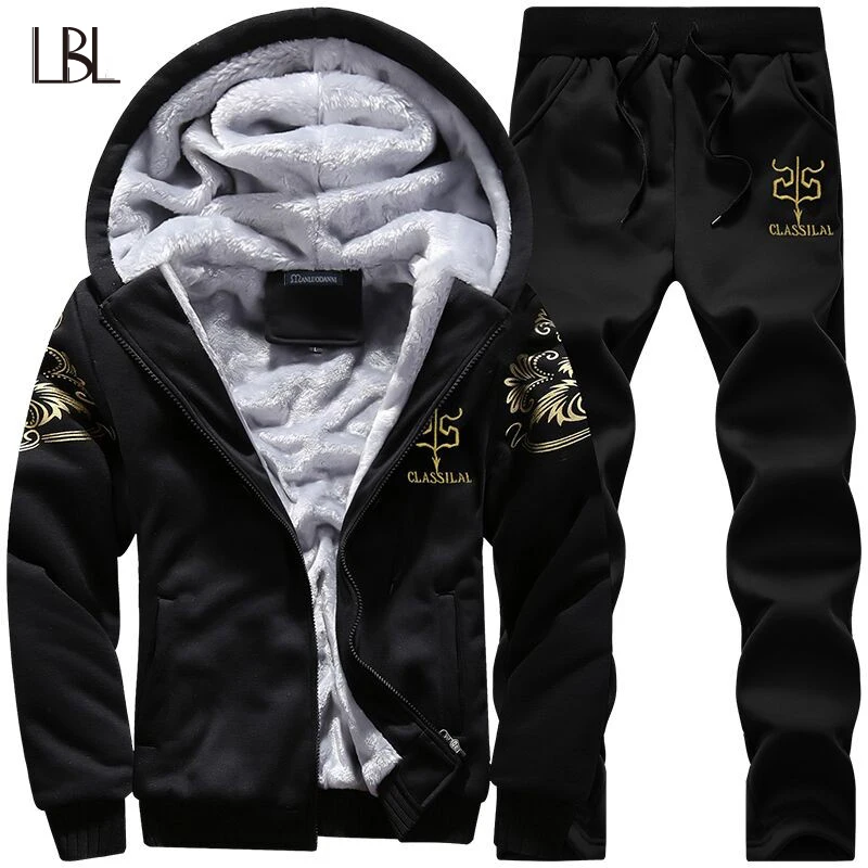 

LBL Tracksuit Men Set Winter Fleece Hoodies Male Track suits Sportswear Casual Jackets + Sweatpants Mens Sets Moletons Masculino