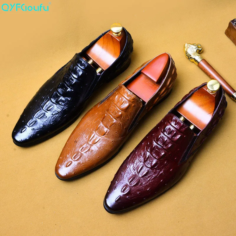 

New Genuine Leather Men Formal Shoe Crocodile Pattern Pointed Toe Wedding Party Dress Footwear Men's Flat US Size 11.5