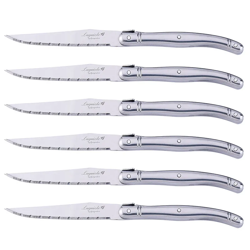 

Hot Sale High Quality 9 inch Laguiole Style Stainless Steel Steak Knife set, Silver Color Handles, 8 Pieces Steak Knives LAG1008