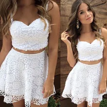 2018 White Casual Summer Women 2 Two Piece Lace Crop Top and Skirt Set White Spaghetti Strap V Neck Mini Vestido Club Party Wear