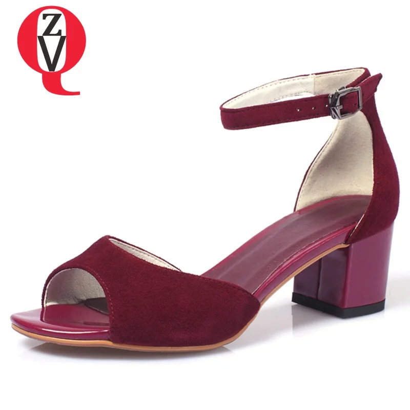 

ZVQ summer hot sale solid mature grind arenaceous buckle middle high heels square toe cover heel party casual women sandals