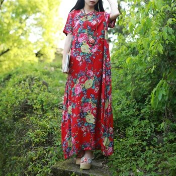 

2019 Summer Beach Dress Maxi Dress Women Cotton Long Dresses V Neck Short Sleeve Vintage Robes Chic Sundress Floral Gown 3Colors