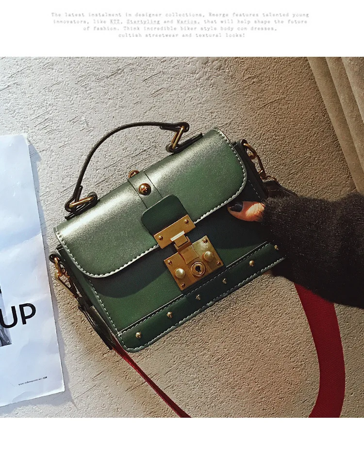 Women Vintage Leather Handbag Small Rivets Flap Shoulder Bag Colorful Wide Strap Crossbody Bag for Girls Green Brown Black Purse  (13)
