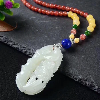 

Luxury Wedding Gemstone Jewelry Flower Bamboo 55mm*29mm Big White Jade Pendant Handmade Beads Chain Silver Necklace Women SN17