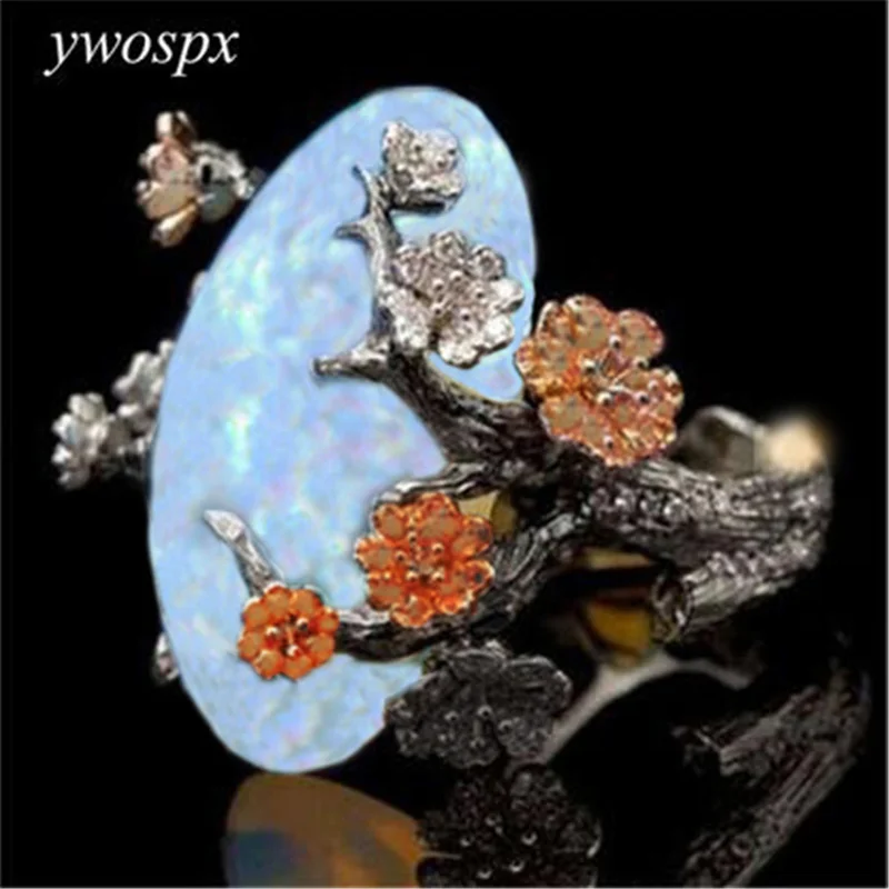 

Beautiful Tree & Flower Jewelry Black Gold Color Romantic CZ Big Stone Acrylic Fire Opal Rings for Women Bands Statement Anel