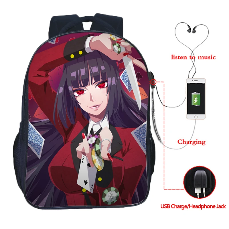 Красивый школьный рюкзак Jabami Yumeko Kakegurui Gambaling с USB зарядкой школьные рюкзаки двумя