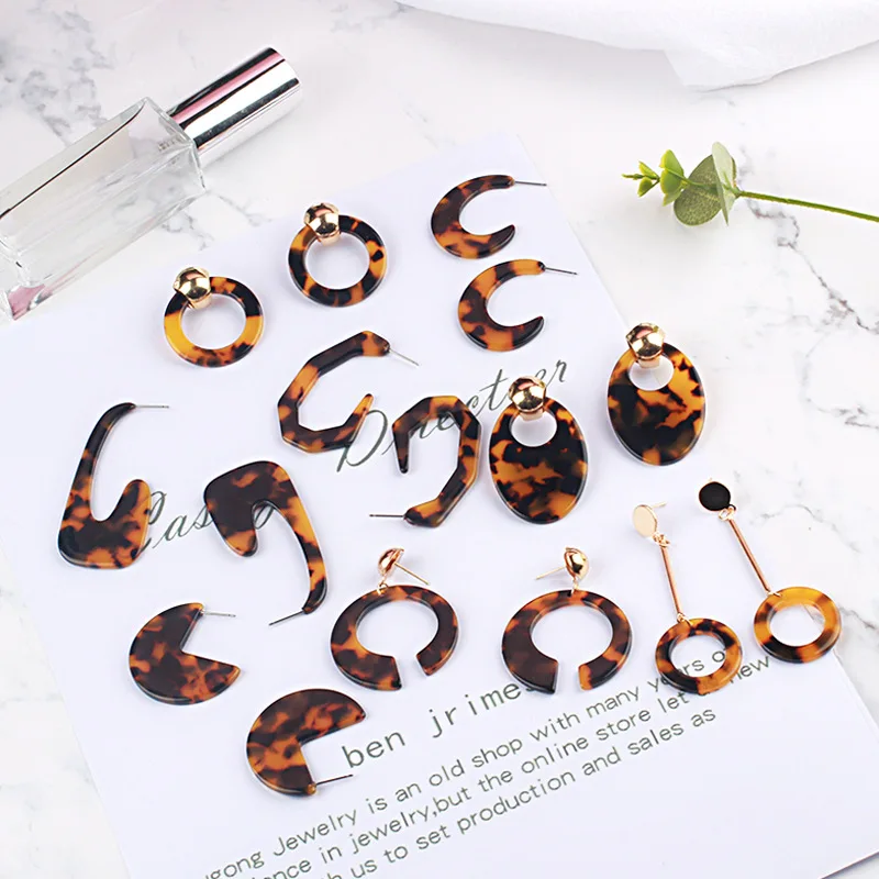 

New Fashion Tortoise Color Leopard Print Acrylic Acetic Acid Sheet Geometric Circle Square Long Drop Earrings for Women Girls