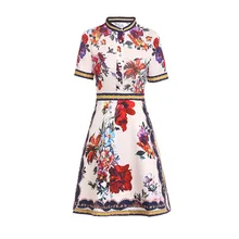 Brand new design diamonds short sleeves dress 2019 summer runways floral print beading vintage dress A254 black random floral print stripe stitching design dress