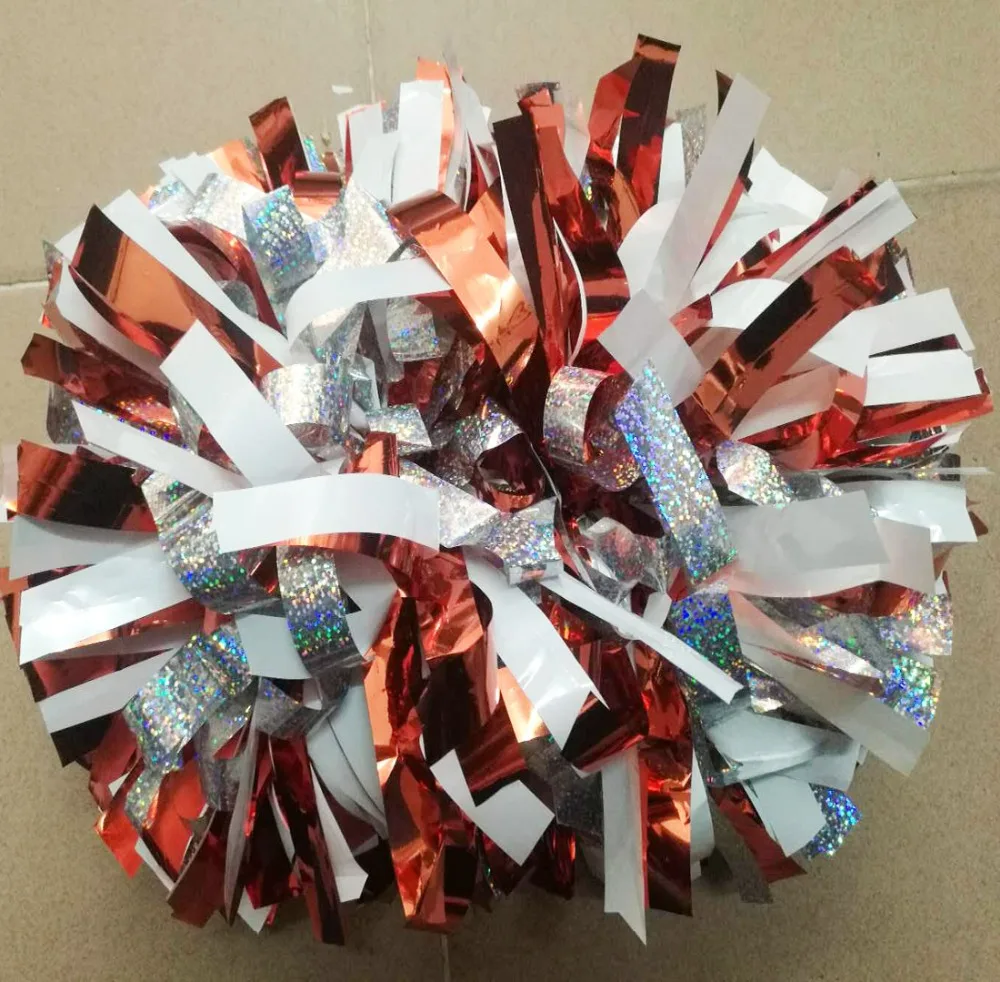 

1Piece Cheerleader Pom poms 6" Baton Handle Holographic silver Mix Metallic Red and Metallic White