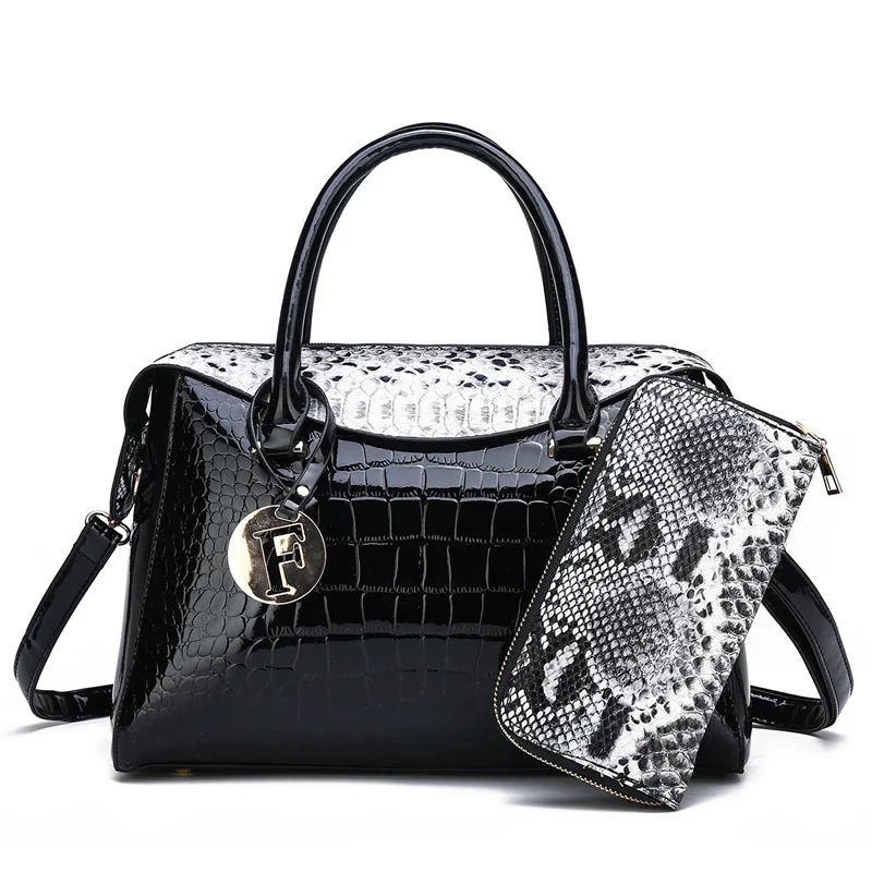 Роскошные сумки женские дизайнерские сумки из крокодиловой лакированной кожи Комплект из двух частей композитная сумка Bolsa Feminina Torebki Damskie - Цвет: Black Set